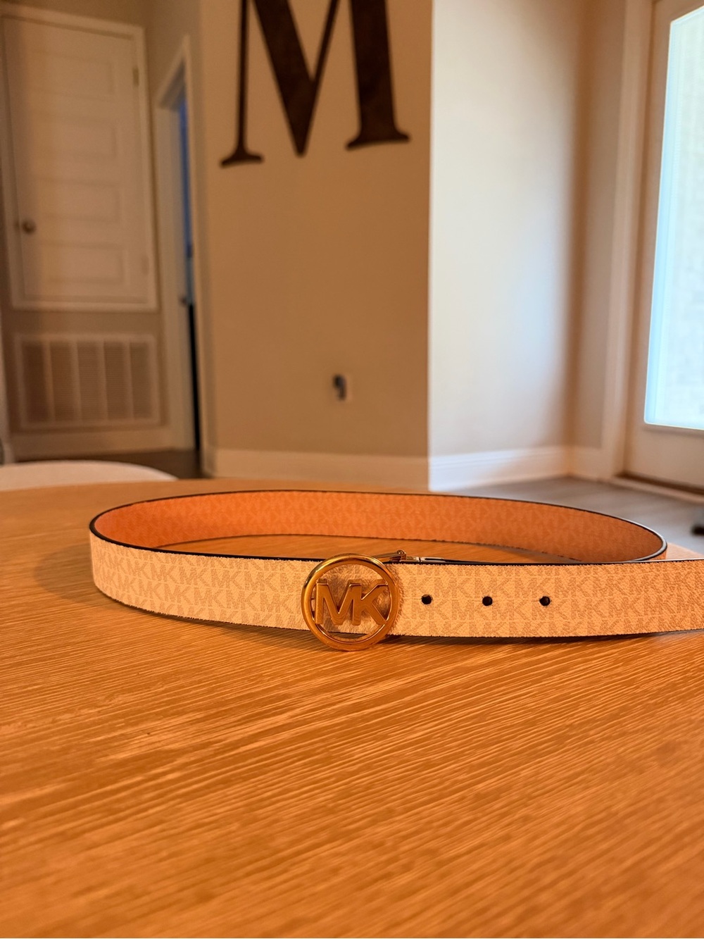 Michael Kors Cream Logo Belt with Gold MK Circle Buckle